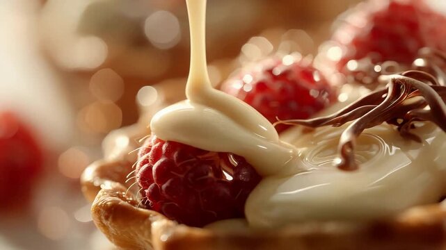 Decadent White Sauce Drizzling Over Bright Red Raspberries and Chocolate Dessert.