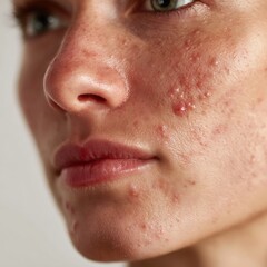 Fototapeta premium Macro image of acne-prone facial skin with visible pores on white background