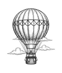 Obraz premium Vintage Hot Air Balloon Flying High Among Clouds Engraved Style Line Art Drawing Black and White Isolated