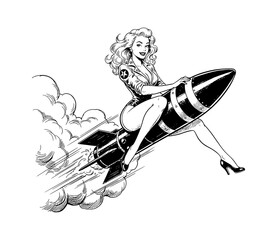 Obraz premium Smiling Caucasian Pinup Woman in Military Outfit Riding a Flying Rocket with Smoke Trails and High Heels Confident Playful Expression