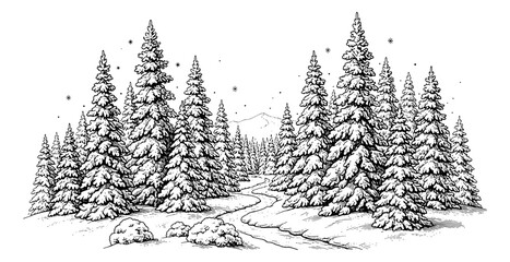 Serene winter forest landscape with snow covered pine trees and a winding path an engraved nature scene