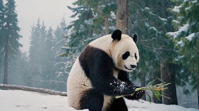 Giant panda eating bamboo in snowy forest habitat