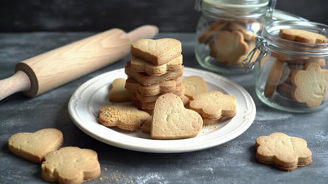 Cozy rustic kitchen scene featuring stacked shortbread cookies on a white plate with a rolling pin nearby
