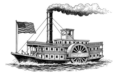 Vintage American Paddle Steamer Boat Sailing with Smoke Waving Flag Detailed Engraving Style