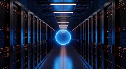 Data Center Tunnel View With a Glowing Orb, Modern Technology and High Tech Server