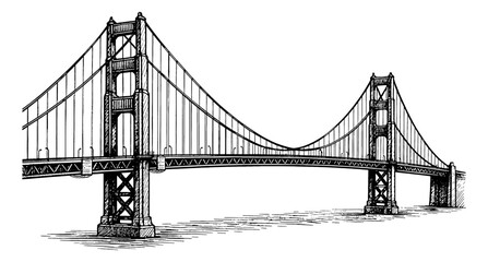 Obraz premium Famous Suspension Bridge Vintage Style Detailed Black and White Outline Drawing Vector Art