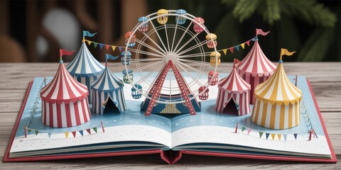 Magical circus pop up book with colorful tents and ferris wheel imaginative children story illustration on wooden table