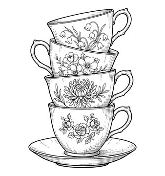 Stacked Vintage Teacups with Detailed Floral Patterns and Saucer in Elegant Black and White Line Art Drawing