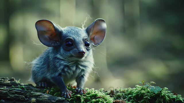 Curious Tiny Forest Mammal with Large Ears Perched on a Mossy Log in Sunlit Woods