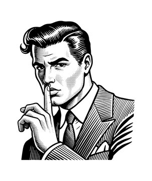 Caucasian Man Gesturing for Silence with a Serious Expression in a Retro Comic Book Style Illustration