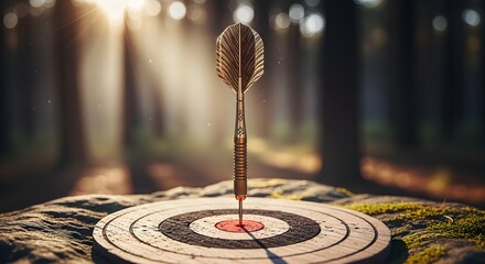 Dart Hits Target in Forest with Sunlight, Symbolizing Success and Achievement