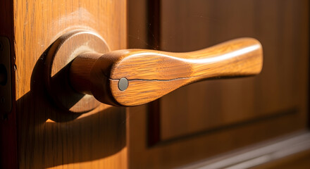Old wooden door handle with dust and cobwebs in warm sunlight and shadow