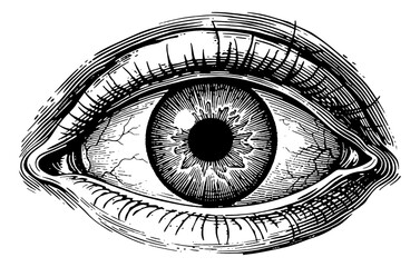 Detailed Engraved Human Eye Drawing Black and White with Visible Veins and Eyelashes Staring Forward