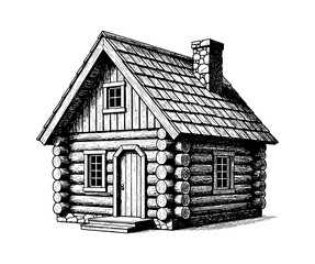 Rustic wooden log cabin house with chimney windows and door in classic detailed black and white line art drawing