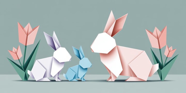 Cute origami rabbit family with spring flowers minimal pastel illustration for Easter greeting cards nursery decor and kids design