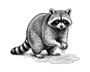 Detailed Engraving Style Raccoon Washing Food in Water Creating Ripples Looking at Viewer