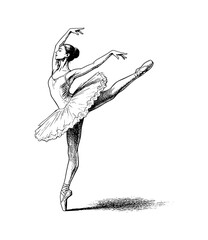 Graceful Ballerina Performing Ballet Dance on Pointe with Tutu in Elegant Black and White Line Art Drawing