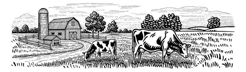 Cows grazing calmly in a scenic farm field with a rustic barn and silo under a serene sky