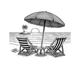 Vintage engraving of a serene tropical beach with lounge chairs umbrella table ocean island sunset