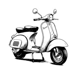 Classic Vintage Scooter Black and White Line Art Illustration with Detailed Shading Retro Style