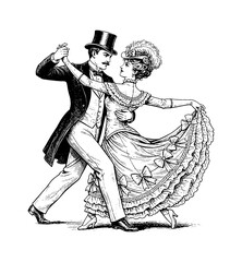 Caucasian couple elegantly dancing ballroom style in vintage formal attire with happy expressions