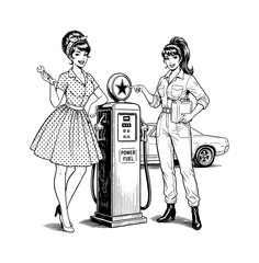Two retro pinup women cheerfully smiling at a vintage gas station holding a wrench and a jerrycan with a classic car in background