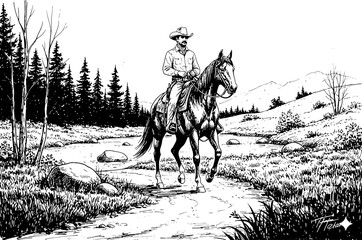 A determined cowboy rides his horse through a scenic wilderness landscape featuring a river and mountains