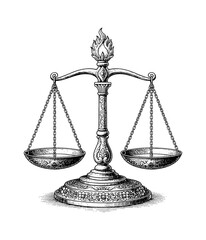 Vintage Balance Scale with Flame and Ornate Base Detailed Engraved Black and White Illustration of Justice