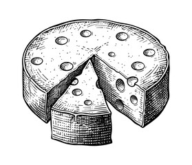 Detailed Engraving of a Swiss Cheese Wheel with a Cut Slice Showing Holes and Classic Texture Outline