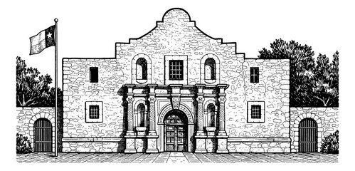 Historic Alamo Mission Building with Texas Flag in Detailed Engraved Style Line Art Drawing
