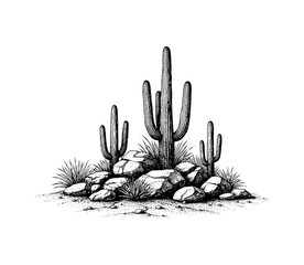 Detailed black and white illustration of Saguaro cacti rocks and dry desert grass landscape