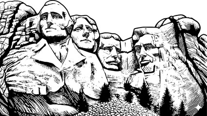 Mount Rushmore Monument Four American Presidents Carved into Mountain Detailed Black White Line Art solemn faces