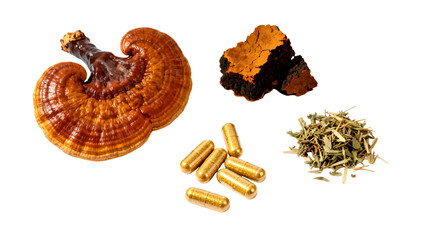 Chaga mushroom and Chaga mushroom supplement capsules on transparent background 