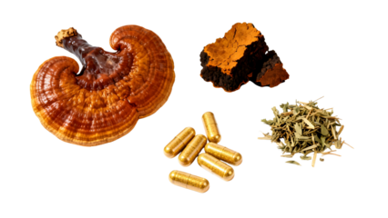 Chaga mushroom and Chaga mushroom supplement capsules on transparent background 