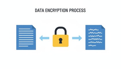 Data encryption vector graphic, padlock securing documents, information protection, minimalist, bright, cybersecurity, data privacy process