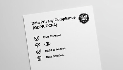 Data privacy compliance concept. GDPR/CCPA checklist with user rights. Minimalist style image. Privacy law, security, business and regulation theme.