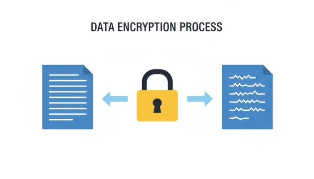 Data encryption vector graphic, padlock securing documents, information protection, minimalist, bright, cybersecurity, data privacy process - Powered by Adobe