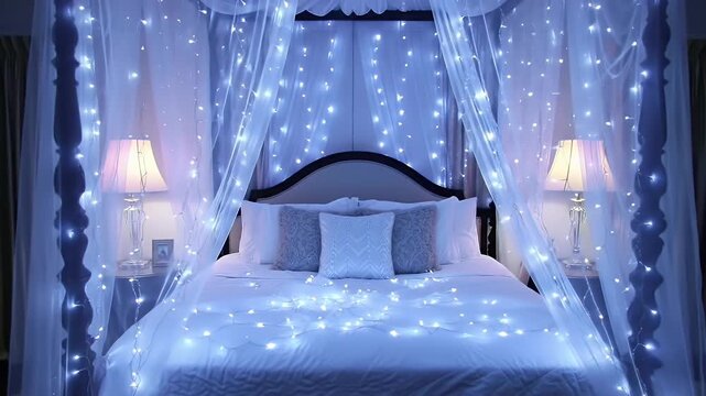 Dreamy blue canopy bedroom bathed in twinkling fairy lights and soft velvet cushions for a magical night