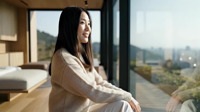 Asian woman smiling looking out window luxury apartment modern interior design lifestyle travel home real estate beautiful view peaceful serene relaxing happy contentment joy