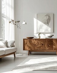 Bright room with sofa, wood cabinet, floor lamp, art, minimalist design, soft light from window casting shadows