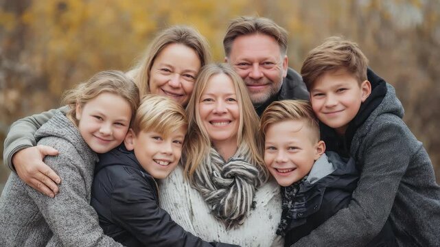 Happy multi generational family posing together outdoors in autumn, smiling and embracing each other warmly. Joyful parents, grandparents, and children enjoy a cozy moment in nature