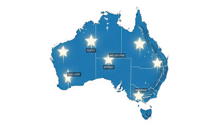 Australia map with major cities marked and highlighted