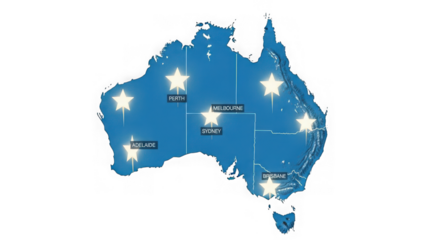 Australia map with major cities marked and highlighted