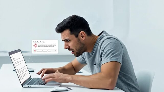 Confused Man Struggling with Online Payment on Laptop with Copy Space