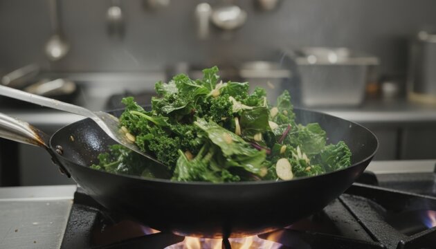Saut&eacute;ed kale in pan, cooking on stovetop, vegetable preparation, healthy food, kitchen, gastronomy, culinary style, healthy eating, cooking, stir-fry