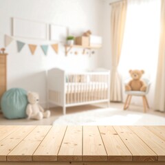 Bright, softly focused nursery featuring a wooden tabletop, crib, and decorations in a pastel color scheme