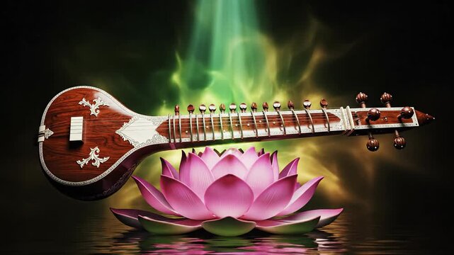 A divine veena rests on a vibrant pink lotus, illuminated by mystical green light, celebrating saraswati and basant panchami.