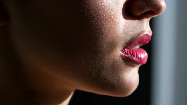 Luscious Lips: A close-up view of full, glossy lips, painted in a vibrant shade, poised on the verge of speech or a sensuous smile, framed in soft light.