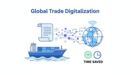 Global trade digitalization shows paperwork and cargo ship becoming data; digital transformation, vector, economy, international commerce context.