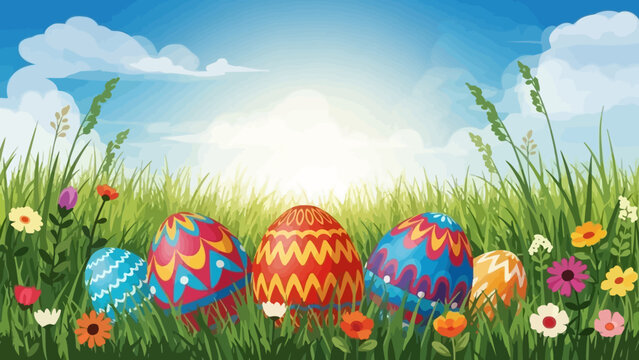 Colorful Easter Eggs Nestled in a Lush Green Meadow with Blooming Flowers